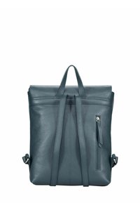 Sac à dos en cuir teal avec une surface texturée, fermeture roulée, bretelles ajustables et une poche zippée sur le côté pour un rangement supplémentaire.