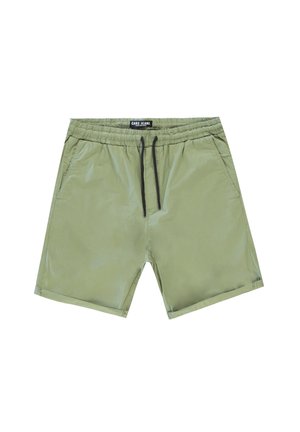 Groene, knie-lange shorts gemaakt van een gladde stof. Heeft een elastische tailleband met een trekkoord en zijzakken.