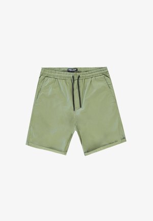 Groene, knie-lange shorts gemaakt van een gladde stof. Heeft een elastische tailleband met een trekkoord en zijzakken.