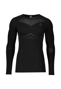 Schwarzes, langärmeliges Sportshirt mit figurbetontem Schnitt aus elastischem Stoff. Es hat graue Nähte und ein Logo auf der oberen linken Seite.