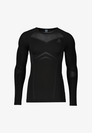 Schwarzes, langärmeliges Sportshirt mit figurbetontem Schnitt aus elastischem Stoff. Es hat graue Nähte und ein Logo auf der oberen linken Seite.