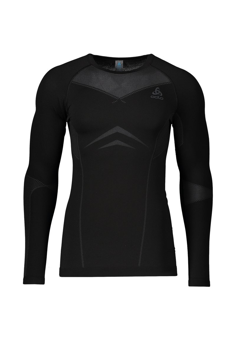 Schwarzes, langärmeliges Sportshirt mit figurbetontem Schnitt aus elastischem Stoff. Es hat graue Nähte und ein Logo auf der oberen linken Seite.