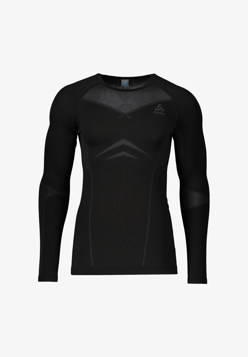 Schwarzes, langärmeliges Sportshirt mit figurbetontem Schnitt aus elastischem Stoff. Es hat graue Nähte und ein Logo auf der oberen linken Seite.