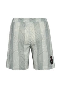 Grå badshorts med ett abstrakt vitt mönster, elastisk midja och röd logotypapplikation på nedre vänstra sidan. Fint texturerad tyg.