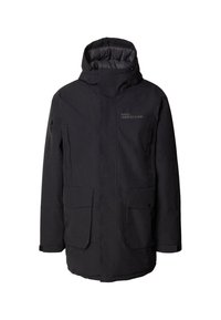 Čierna izolovaná bunda s kapucňou, ktorá má zipsovú kapsu a dve veľké predné vrecká. Text na hrudi obsahuje "HALO 198619721981."