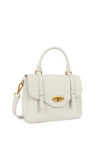 Borsa a mano in pelle bianca con forma strutturata, hardware dorato, manico superiore e tracolla removibile. Presenta una patta anteriore e chiusura a gancio.
