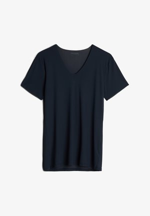 Marineblauw, T-shirt met korte mouwen en een V-hals ontwerp. Gemaakt van zachte, gladde stof met een relaxed fit en zonder zichtbare patronen of accenten.