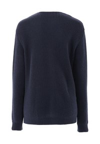 Marineblauer gestrickter Pullover mit strukturiertem Rippmuster, langen Ärmeln und rundem Halsausschnitt. Schlichte, lockere Passform ohne sichtbare Verzierungen.