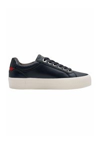 Marineblauwe leren sneakers met een witte rubberen zool, voorzien van metalen oogjes, een textuuraccent bij de hiel en een gladde afwerking.