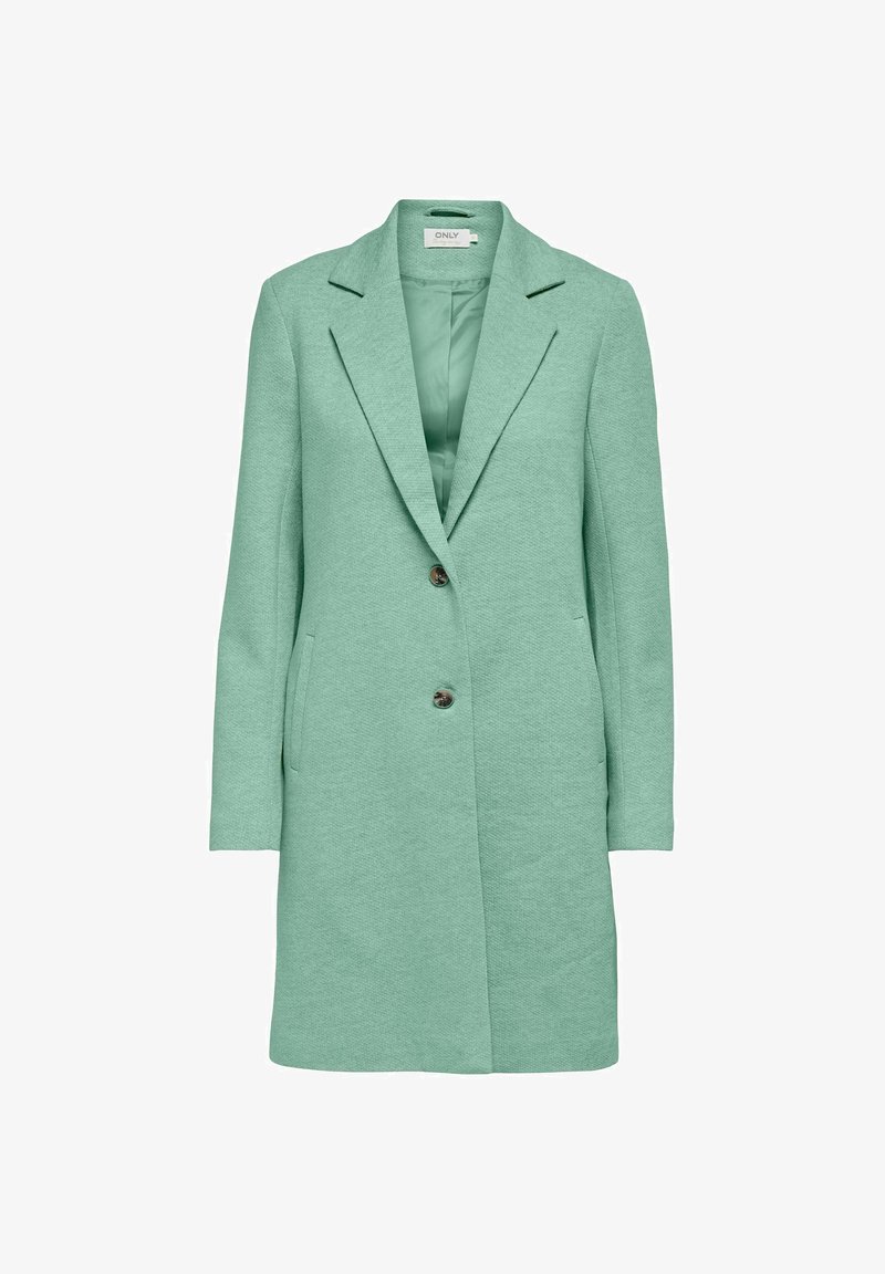 Svetlozelený dlhý prešívaný kabát s klopovým golierom, dvoma prednými gombíkmi a bočnými vreckami, zobrazený na bielom pozadí.