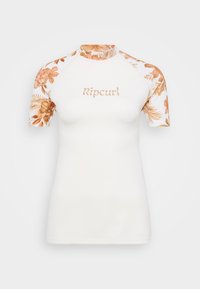 Short-sleeve rash guard, white body with floral pattern in shades of orange and brown on sleeves, Ripcurl logo in matching color.
