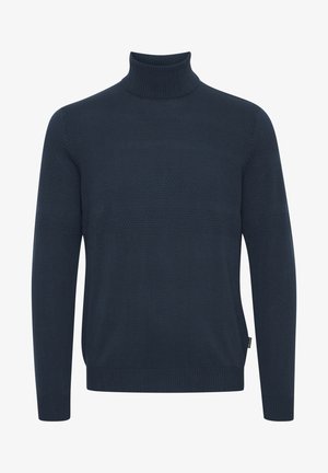 Granatowy sweter golfowy wykonany z dzianiny, z teksturowanymi poziomymi paskami, ściągaczami przy mankietach oraz zaokrąglonym dołem.