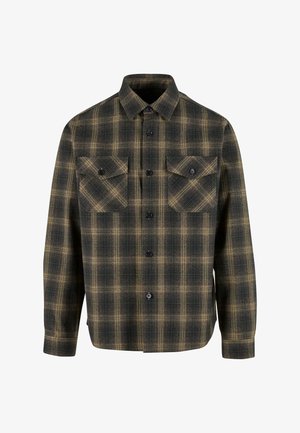 Flanellen overhemd in donkergroen en gele ruit, met twee borstzakken, knoopsluiting en een gestructureerde kraag. Zachte textuur.