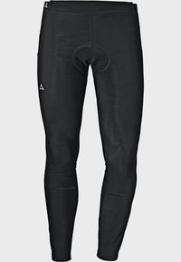 Schwarze sportliche Leggings aus einem glatten, dehnbaren Material. Zu den Merkmalen gehören eine kleine Tasche und ein gepolsterter Bereich für zusätzlichen Komfort.