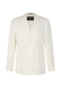 Beige Doppelreihiger Blazer aus einem glatten Stoff. Mit Reverskragen, zwei vorderen Taschen und hellen Knöpfen.