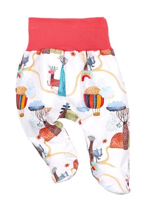 Bunte Baumwollleggings mit einem roten elastischen Bund, die verspielte Tier- und Landschaftsmuster auf einem weißen Hintergrund zeigen.