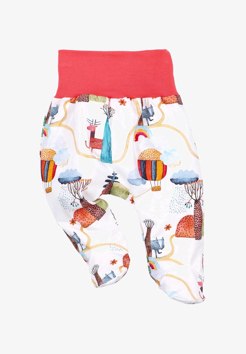Farverige bomuldsleggins med en rød elastisk talje, der har finurlige dyre- og landskabsmotiver på en hvid baggrund.