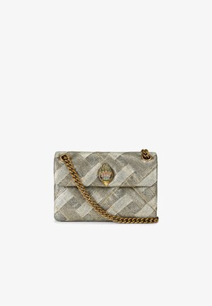 Woven metallic gold and silver handbag with a chain strap, featuring a decorative hand motif with colorful accents on the front.