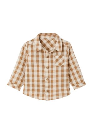 Beige-weiß kariertes Langarm-Kinderhemd mit Kragen, vorderen Knöpfen und kleiner Brusttasche vor weißem Hintergrund.