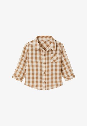 Beige and white checkered long-sleeve toddler shirt with collar, front buttons, and a small chest pocket on a white background.