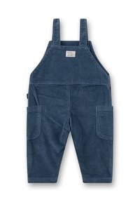 Marineblaue Corduroy-Latzhose mit vertikaler Rippstruktur, verstellbaren Trägern und zwei Seitentaschen für praktische Nutzung.
