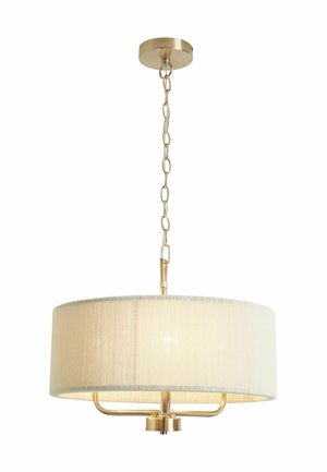 Round cream fabric drum pendant light with brass metal frame and chain suspension, suitable for ceiling mounting.