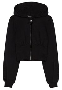 Felpa nera corta in tessuto morbido, con cerniera frontale con cursore circolare, maniche lunghe e cappuccio.