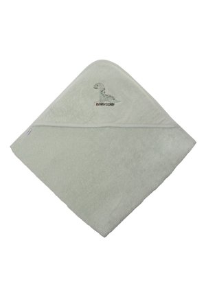 Green hooded baby towel made of soft, absorbent fabric, featuring a dinosaur embroidery and beige trim along the edges.