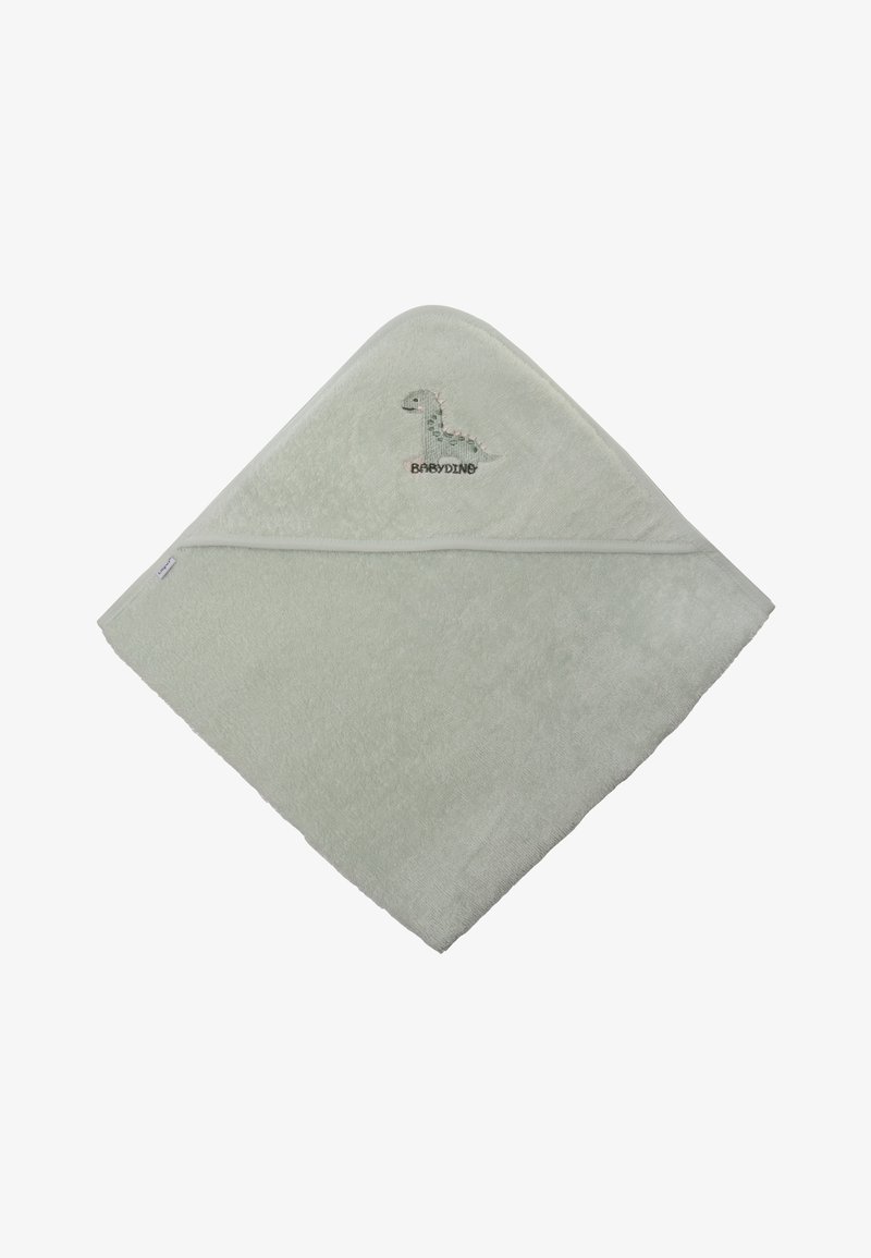 Green hooded baby towel made of soft, absorbent fabric, featuring a dinosaur embroidery and beige trim along the edges.