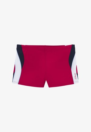 Red swim shorts with a smooth texture, featuring navy and white side accents and a logo detail on the left side.