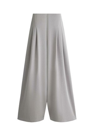 Hellgraue Hose mit weitem Bein, feinen vertikalen Nadelstreifen und vorderen Falten, hoher Taille und lockerem Sitz.