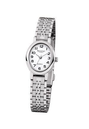 Silver metal wristwatch with white round face, black numbers, three hands, and linked band, showing time at 2:11:38.