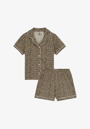 Pyžamový set s krátkym rukávom a zapínaním na gombíky a šortky s elastickým pásom, béžovo-čierny leopardí vzor.