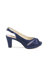 Tacchi slingback blu navy con punta aperta, decorati con strass e realizzati in tessuto liscio. Tacco a blocco moderato per maggiore stabilità.
