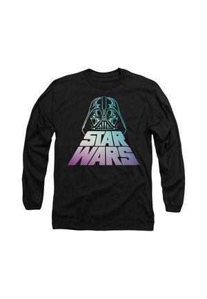 Black long-sleeve shirt with a large graphic of Darth Vader’s helmet above gradient "STAR WARS" text in blue and purple on the front.