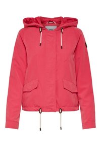 Rosa Kapuzenjacke mit einem Frontreißverschluss, elastischen Kordeln, zwei Fronttaschen und einem leicht verkürzten Design. Glatte Textur, lässiger Stil.
