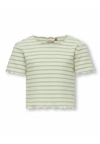 Jasnozielona bluzka o fakturze z krótkimi rękawami, z cienkimi poziomymi paskami oraz falbaniastymi krawędziami rękawów i dekoltu.
