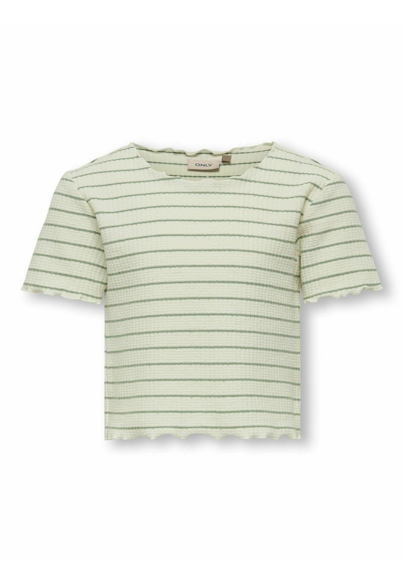Jasnozielona bluzka o fakturze z krótkimi rękawami, z cienkimi poziomymi paskami oraz falbaniastymi krawędziami rękawów i dekoltu.