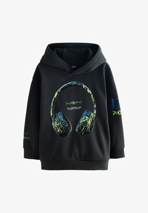 Schwarzer Hoodie mit farbenfroher, gespritzter Kopfhörer-Grafik und grünem Schallwellendesign mit der Aufschrift „NYC Owners Club“ auf der Vorderseite, blaue und grüne Ärmelprints.