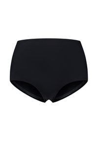 Zwarte high-waisted zwemonderdelen van glad materiaal, ontworpen voor comfort, met een naadloze rand en een minimalistische stijl.