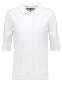 Polo blanc à manches courtes avec col et cinq boutons sur le devant, fabriqué dans un tissu léger.