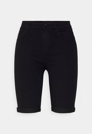 Pantalones cortos de mezclilla negros de tiro alto con botón frontal, cremallera, bolsillos laterales, trabillas para cinturón y dobladillos enrollados.