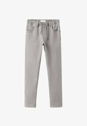 Pantalon en denim gris avec taille élastique, cordon de serrage et deux poches avant ; texture lisse et coupe fuselée.