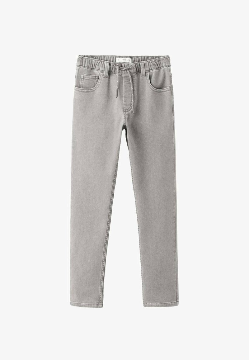 Pantalon en denim gris avec taille élastique, cordon de serrage et deux poches avant ; texture lisse et coupe fuselée.