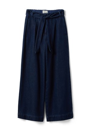 Pantaloni in denim blu scuro a gamba larga con vita alta elastica e cintura in tessuto abbinato annodata davanti.