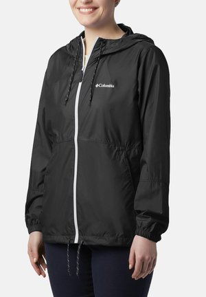 Schwarze, leichte Kapuzenjacke mit durchgehendem Reißverschluss, elastischen Bündchen und verstellbarem Kordelzug am Saum. Columbia-Logo auf der Brust.