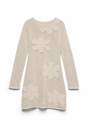 Robe beige crochetée à manches longues avec de grands motifs de fleurs en relief et un design ajouré façon résille sur le devant. Aucune personne présente.