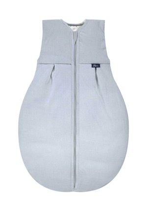 Light gray sleeveless baby sleeping bag with front zipper and small fabric brand tag on chest.