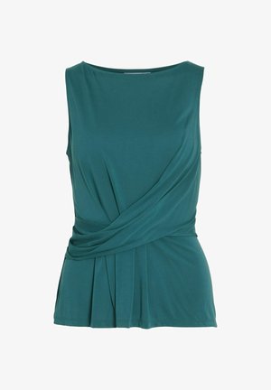 Tmavě modrozelený top bez rukávů s dekorativními záhyby přecházejícími přes pas a lodičkovým výstřihem, vyrobený z hladkého, lehkého materiálu.
