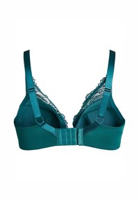 Reggiseno color aqua con rifiniture in pizzo, spalline in satin regolabili e chiusura con gancio e occhiello sul retro. Tessuto morbido, design senza cuciture e dettagli di cucitura delicati.